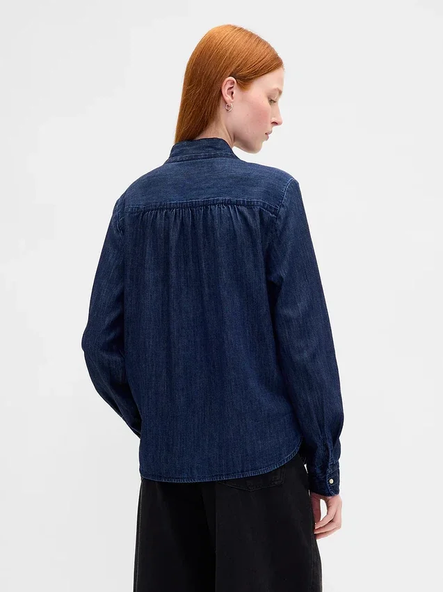 Denim Bağcıklı Yaka Gömlek