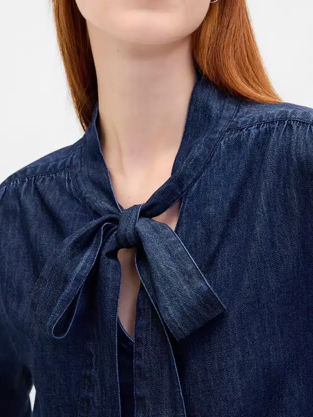Denim Bağcıklı Yaka Gömlek