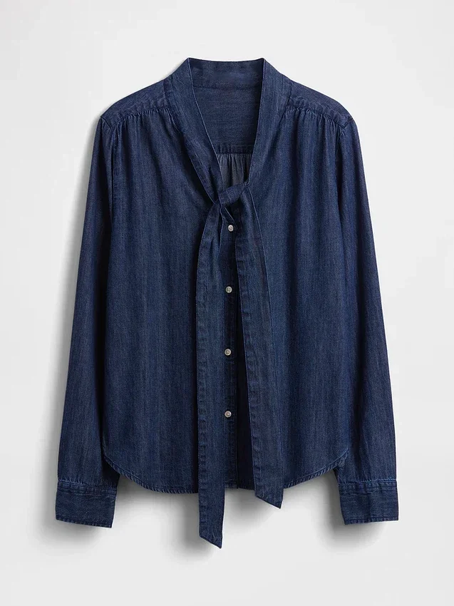 Denim Bağcıklı Yaka Gömlek