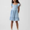 Denim Dalgalı Kollu Sweetheart Elbise