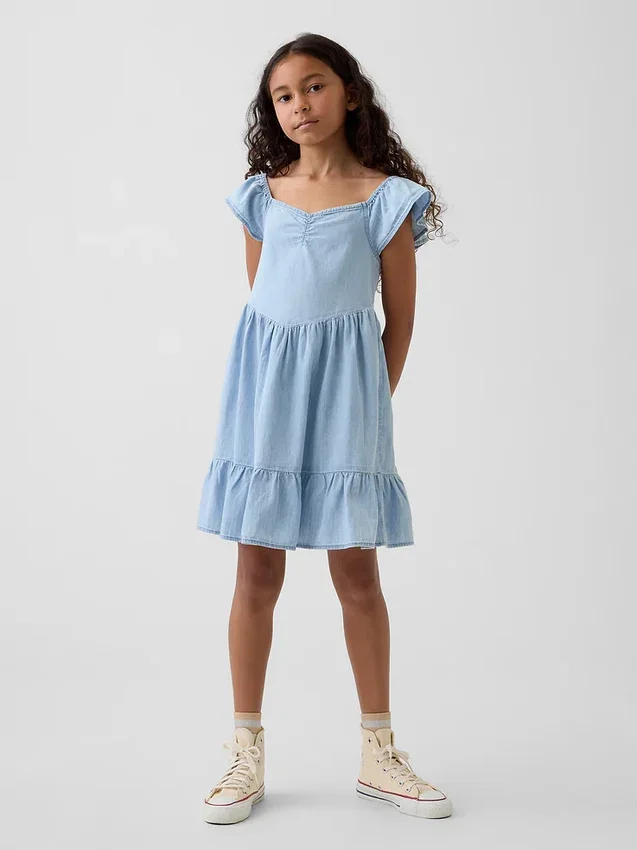 Denim Dalgalı Kollu Sweetheart Elbise