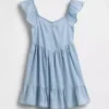 Denim Dalgalı Kollu Sweetheart Elbise