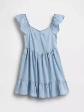 Denim Dalgalı Kollu Sweetheart Elbise