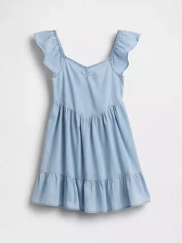 Denim Dalgalı Kollu Sweetheart Elbise