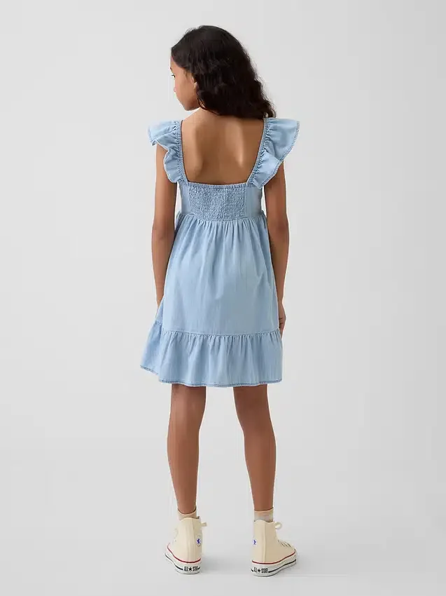 Denim Dalgalı Kollu Sweetheart Elbise