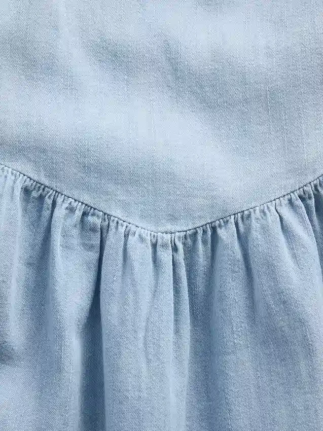 Denim Dalgalı Kollu Sweetheart Elbise
