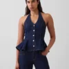 Denim Dar Kesim Halter Peplum Üst