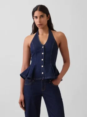 Denim Dar Kesim Halter Peplum Üst