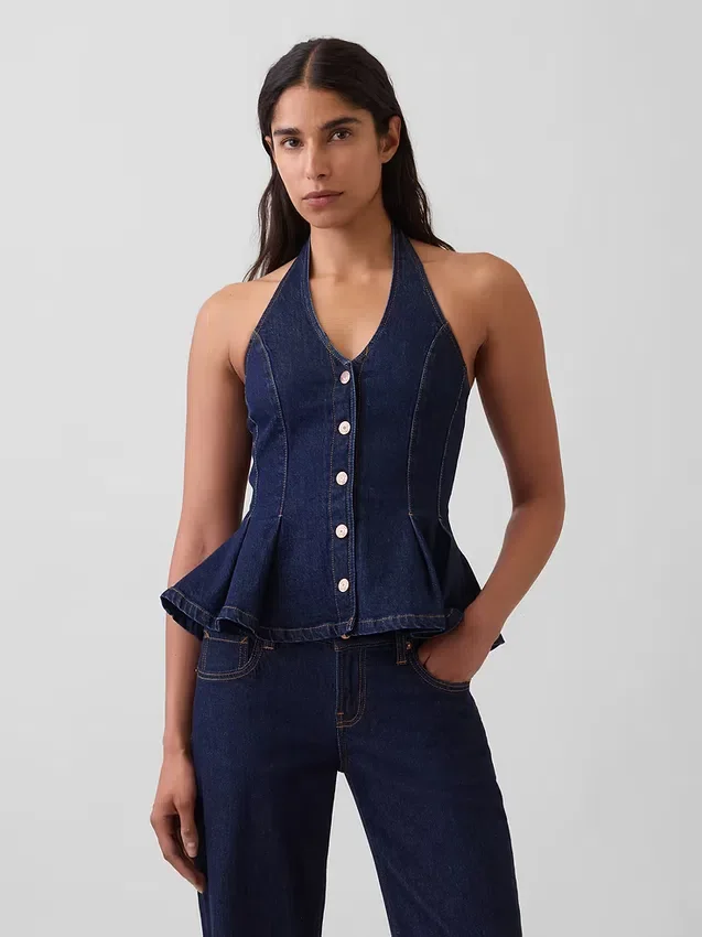 Denim Dar Kesim Halter Peplum Üst