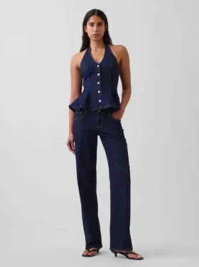 Denim Dar Kesim Halter Peplum Üst