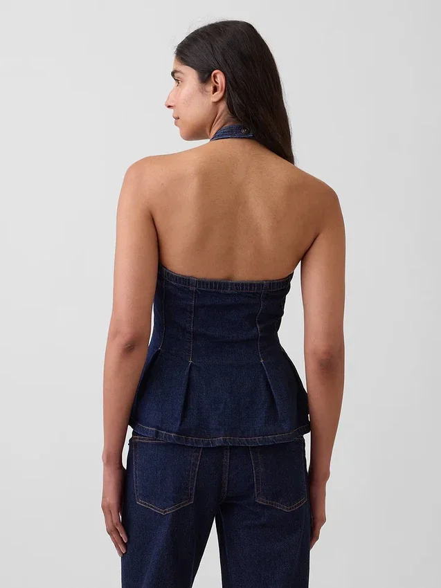 Denim Dar Kesim Halter Peplum Üst