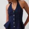 Denim Dar Kesim Halter Peplum Üst