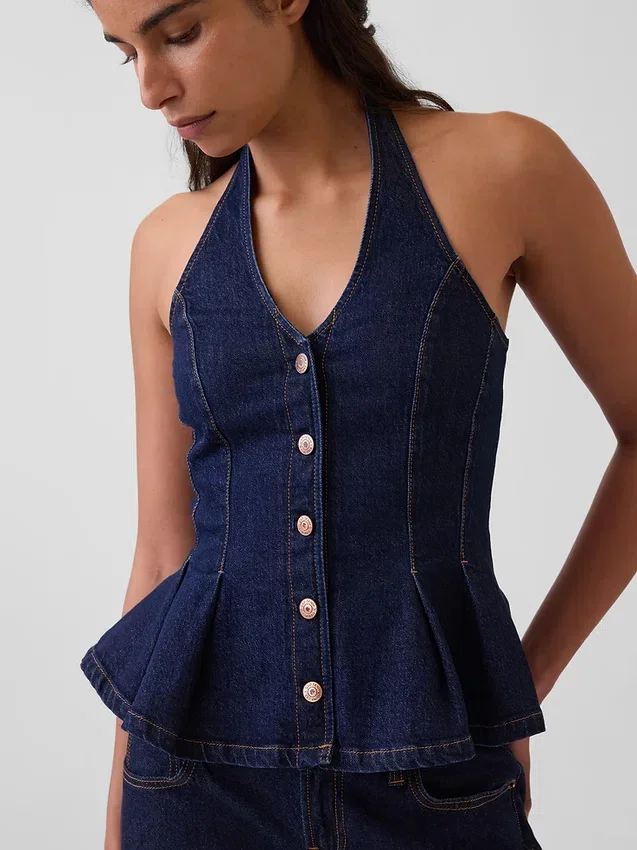 Denim Dar Kesim Halter Peplum Üst