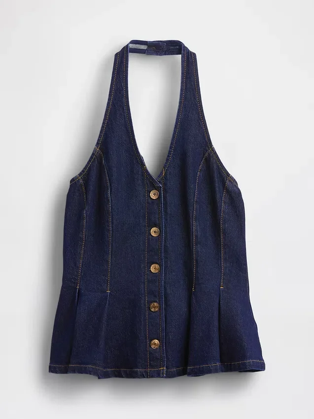 Denim Dar Kesim Halter Peplum Üst