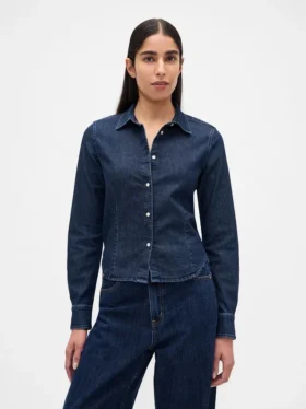 Denim Dar Kesim Kısa Gömlek