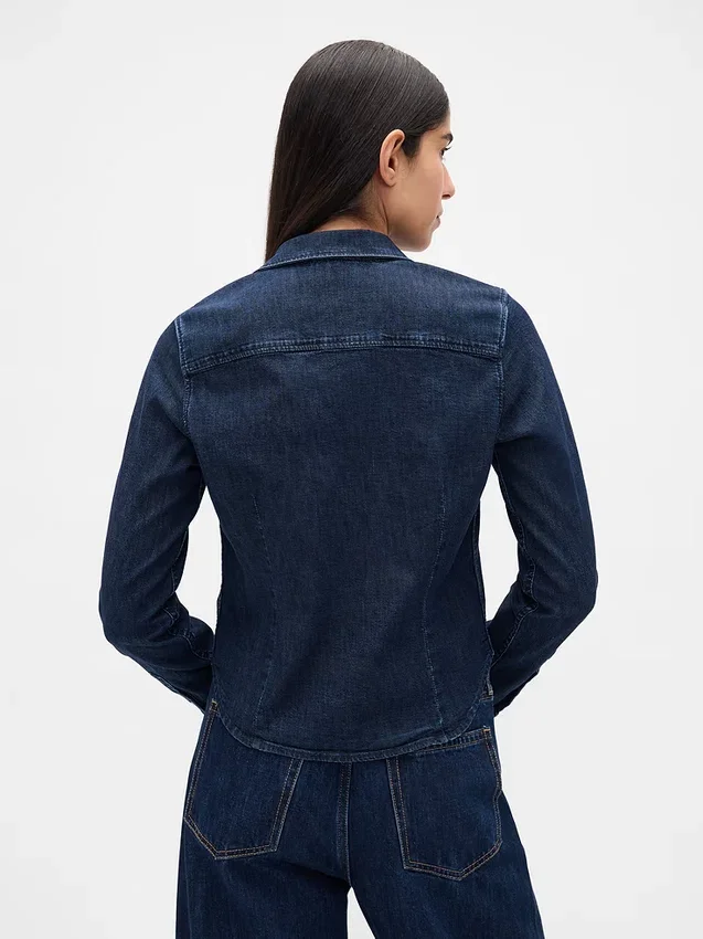 Denim Dar Kesim Kısa Gömlek
