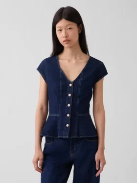 Denim Dar Kesim Kısa Kollu Peplum Üst