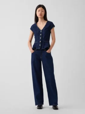 Denim Dar Kesim Kısa Kollu Peplum Üst