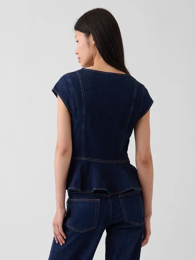 Denim Dar Kesim Kısa Kollu Peplum Üst