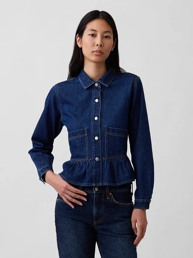 Denim Dar Kesim Peplum Üst