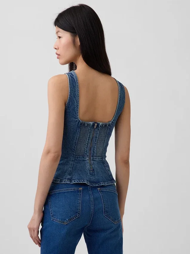 Denim Dar Kesim Peplum Üst