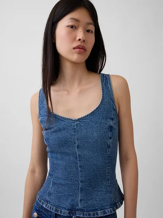 Denim Dar Kesim Peplum Üst