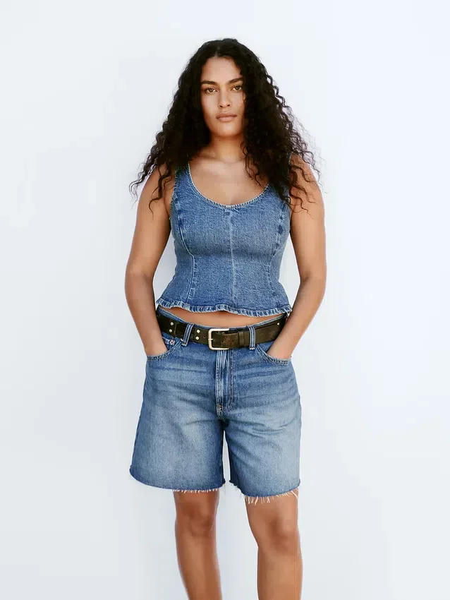 Denim Dar Kesim Peplum Üst