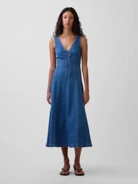 Denim Dikişli, Önden Fermuarlı Midi Elbise
