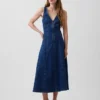 Denim Dikişli Önden Fermuarlı Midi Elbise