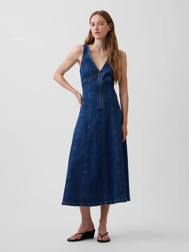 Denim Dikişli Önden Fermuarlı Midi Elbise