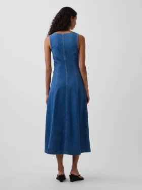Denim Dikişli, Önden Fermuarlı Midi Elbise