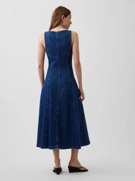 Denim Dikişli Önden Fermuarlı Midi Elbise