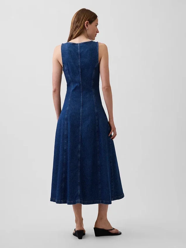 Denim Dikişli Önden Fermuarlı Midi Elbise