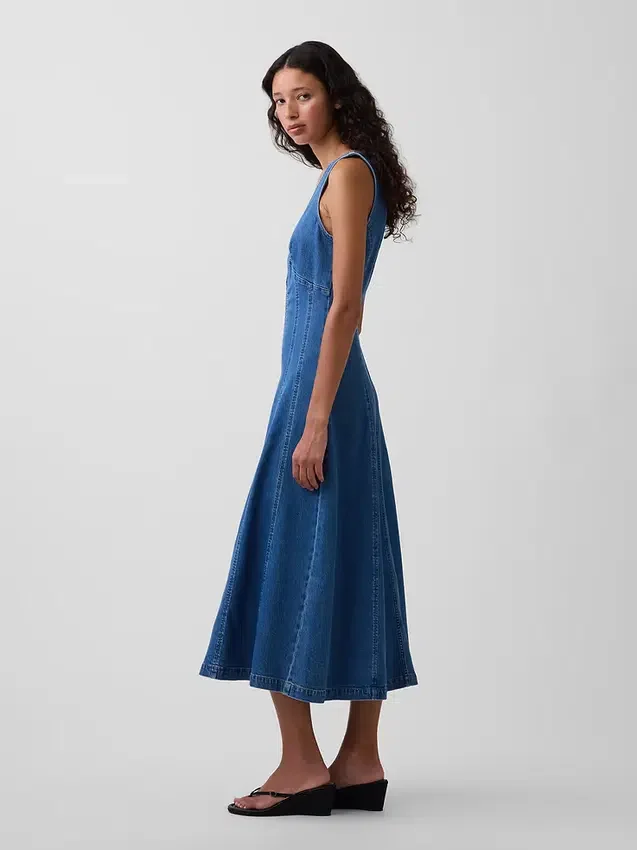 Denim Dikişli, Önden Fermuarlı Midi Elbise