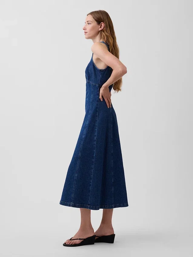 Denim Dikişli Önden Fermuarlı Midi Elbise