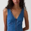Denim Dikişli, Önden Fermuarlı Midi Elbise