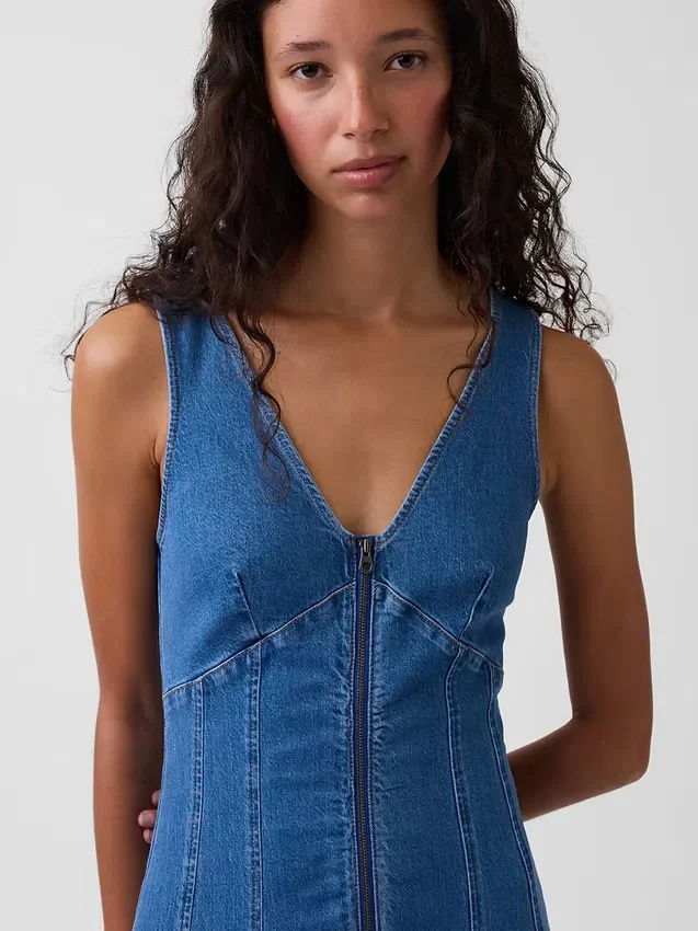 Denim Dikişli, Önden Fermuarlı Midi Elbise