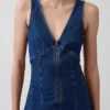 Denim Dikişli Önden Fermuarlı Midi Elbise