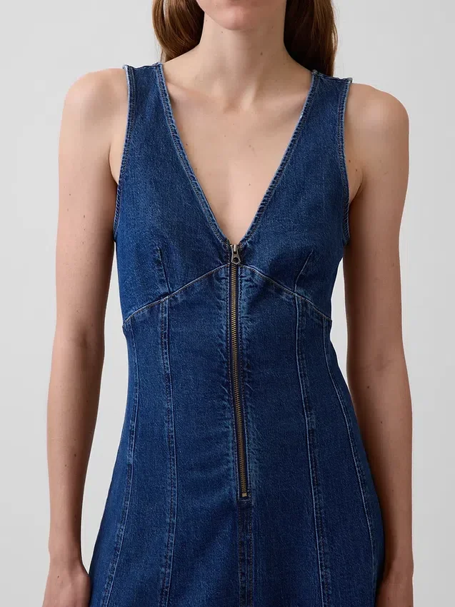 Denim Dikişli Önden Fermuarlı Midi Elbise