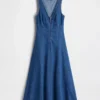 Denim Dikişli, Önden Fermuarlı Midi Elbise