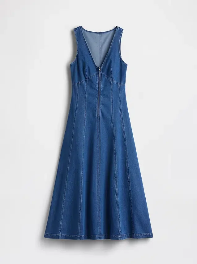 Denim Dikişli, Önden Fermuarlı Midi Elbise