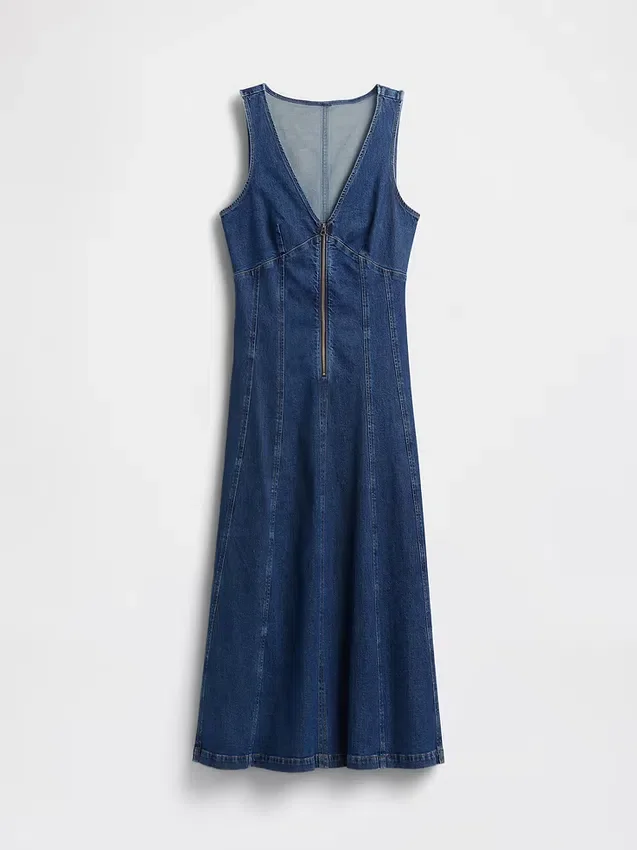 Denim Dikişli Önden Fermuarlı Midi Elbise