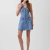 Denim Dikişli Önden Fermuarlı Mini Elbise