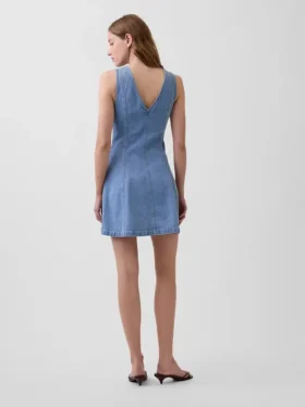 Denim Dikişli Önden Fermuarlı Mini Elbise