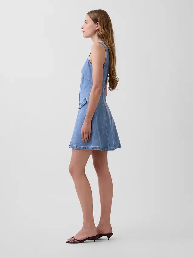 Denim Dikişli Önden Fermuarlı Mini Elbise