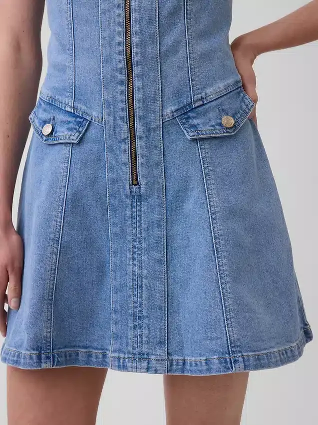 Denim Dikişli Önden Fermuarlı Mini Elbise