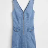 Denim Dikişli Önden Fermuarlı Mini Elbise
