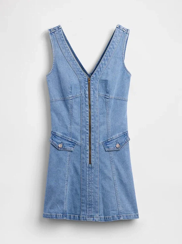 Denim Dikişli Önden Fermuarlı Mini Elbise