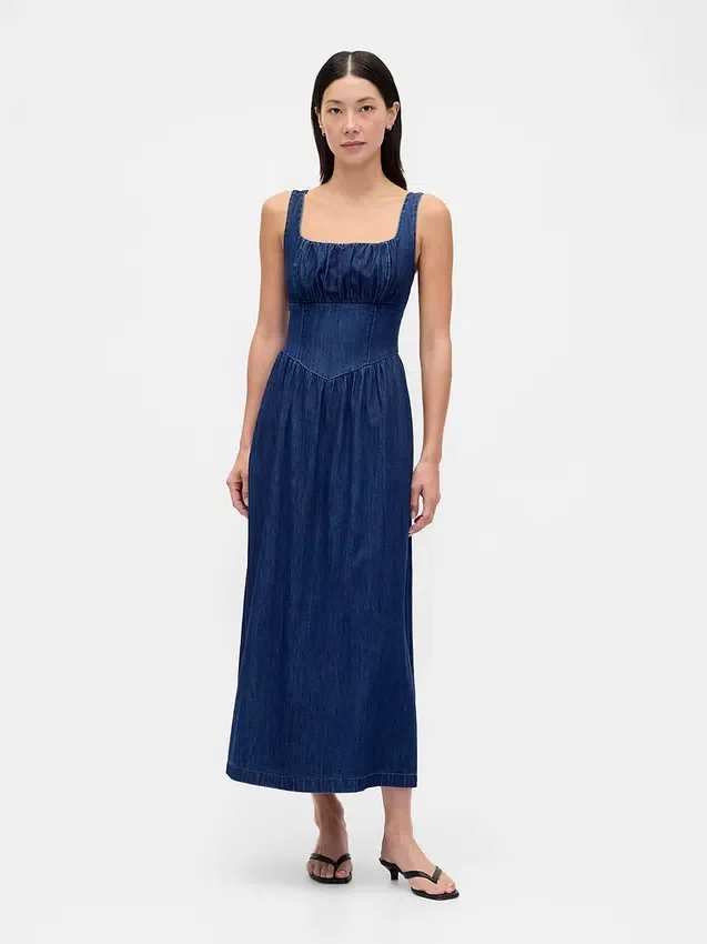 Denim Düşük Bel Korsajlı Midi Elbise