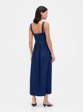 Denim Düşük Bel Korsajlı Midi Elbise